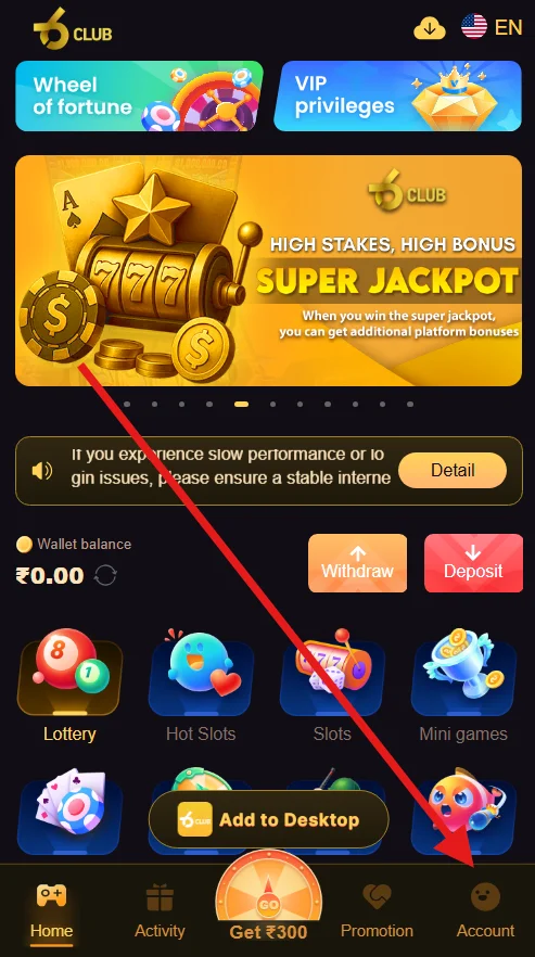 An image from the 6 Club game with a red arrow pointing towards the Account option.